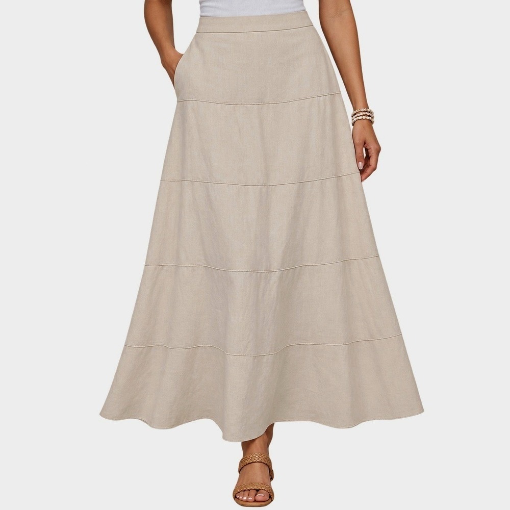 Westport 1962 Linen Blend Tiered Maxi Skirt Beige A Line Boho Coastal Size 14